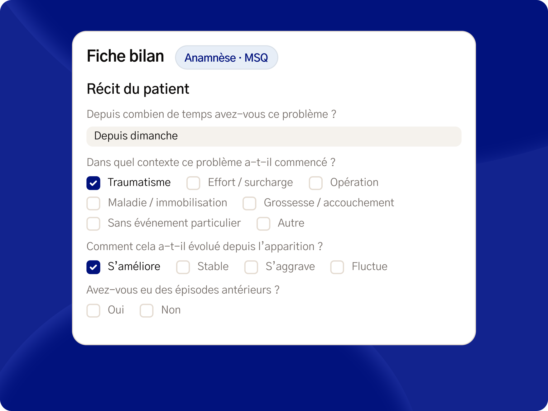 Écran d'une fiche bilan dans l'application Fullphysio