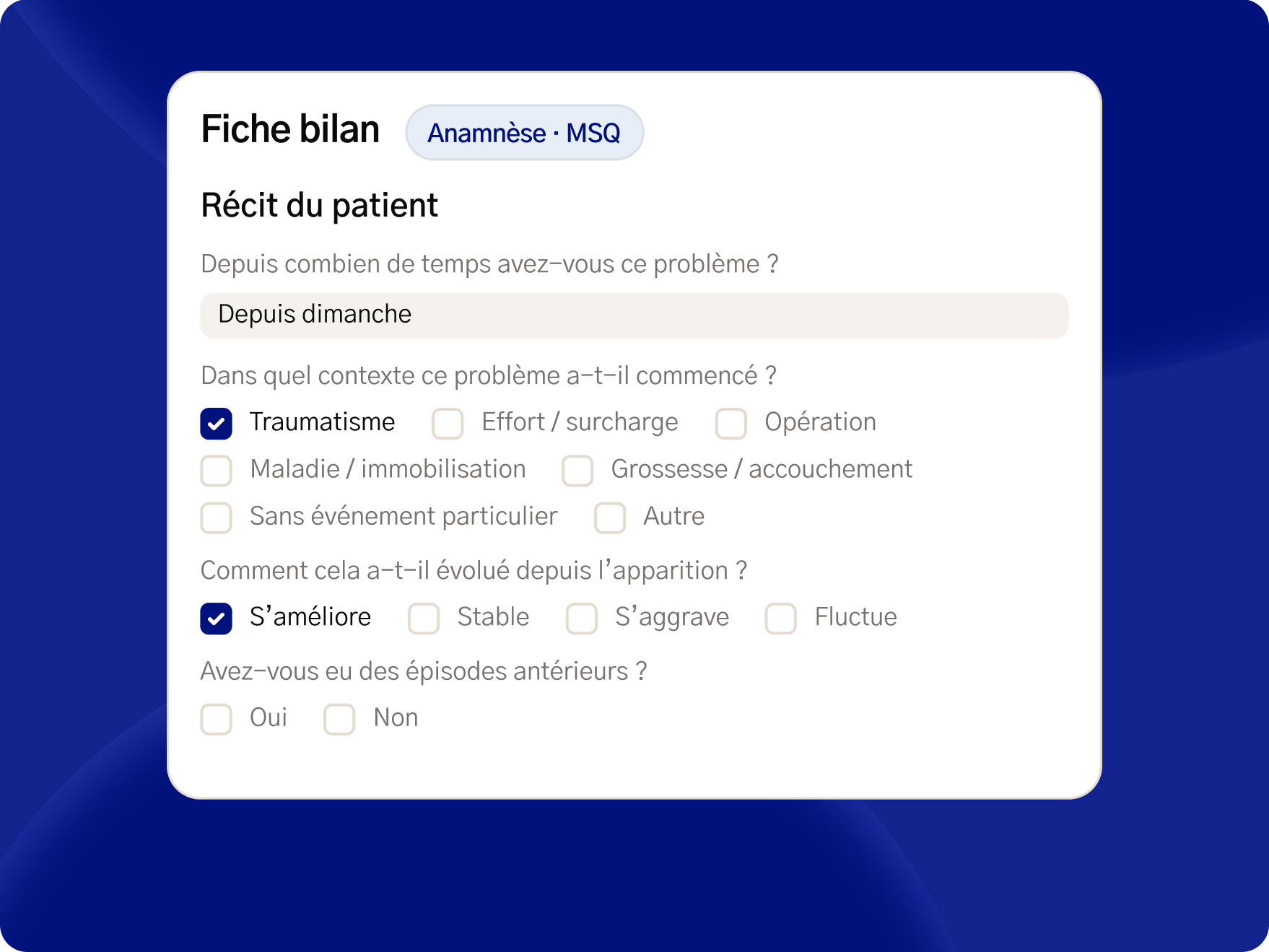 Écran d'une fiche bilan dans l'application Fullphysio