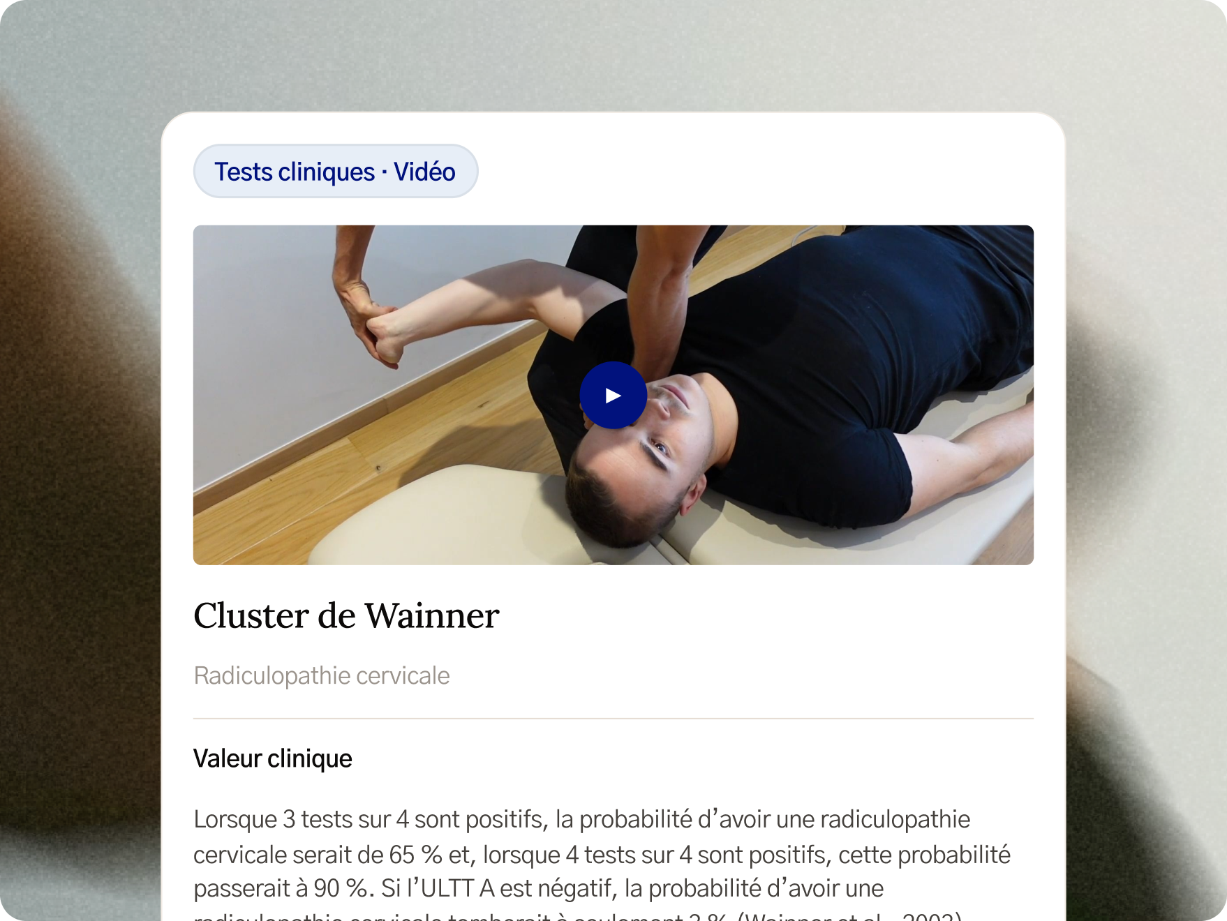 Écran d'un test clinique dans l'application Fullphysio