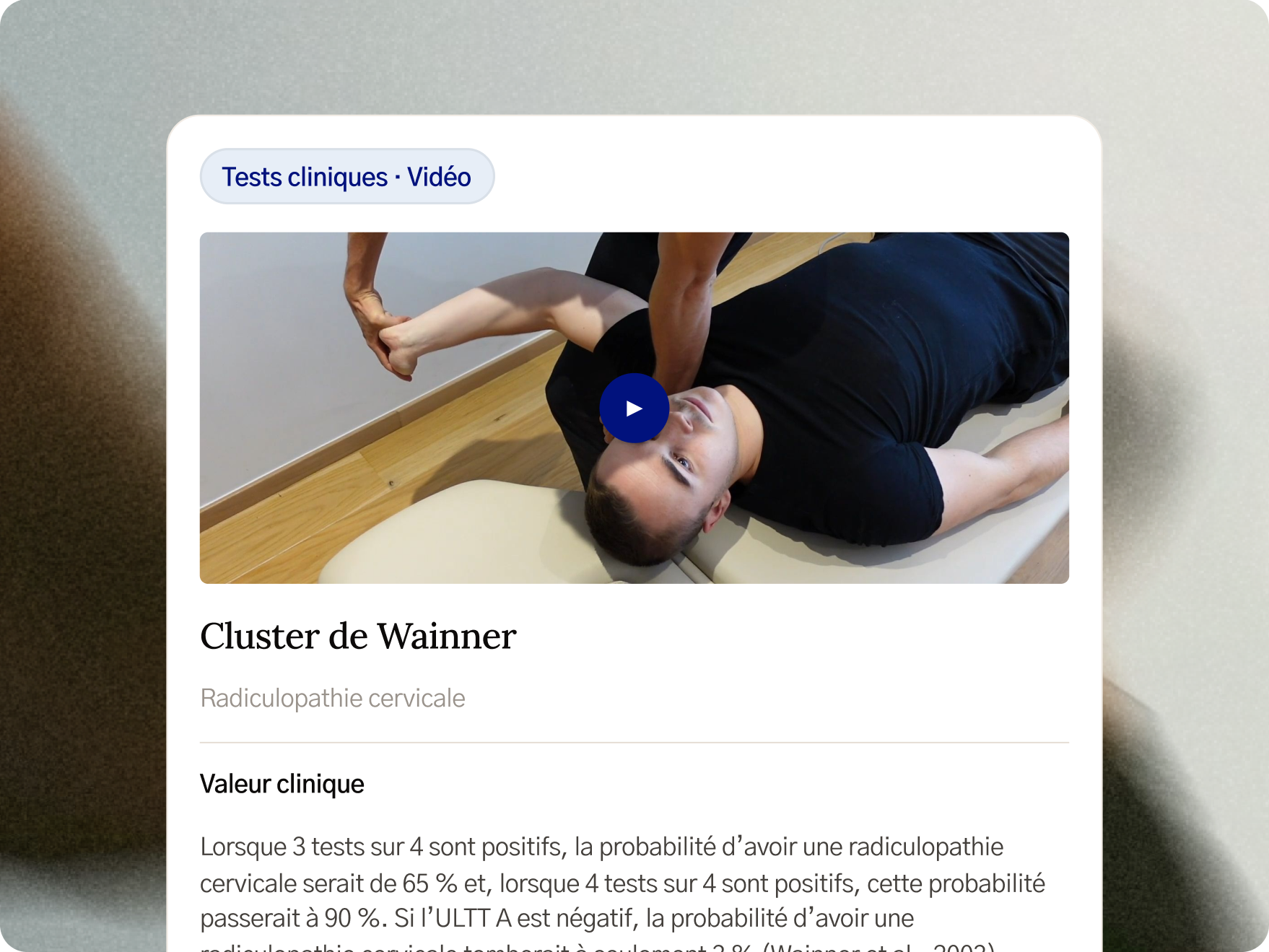 Écran d'un test clinique dans l'application Fullphysio