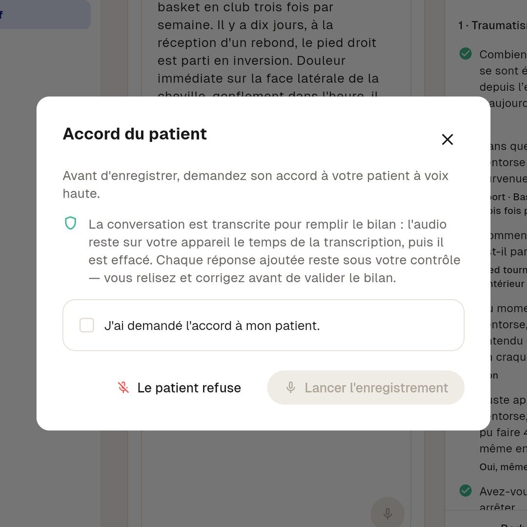 Avant d'enregistrer, l'app demande l'accord du patient