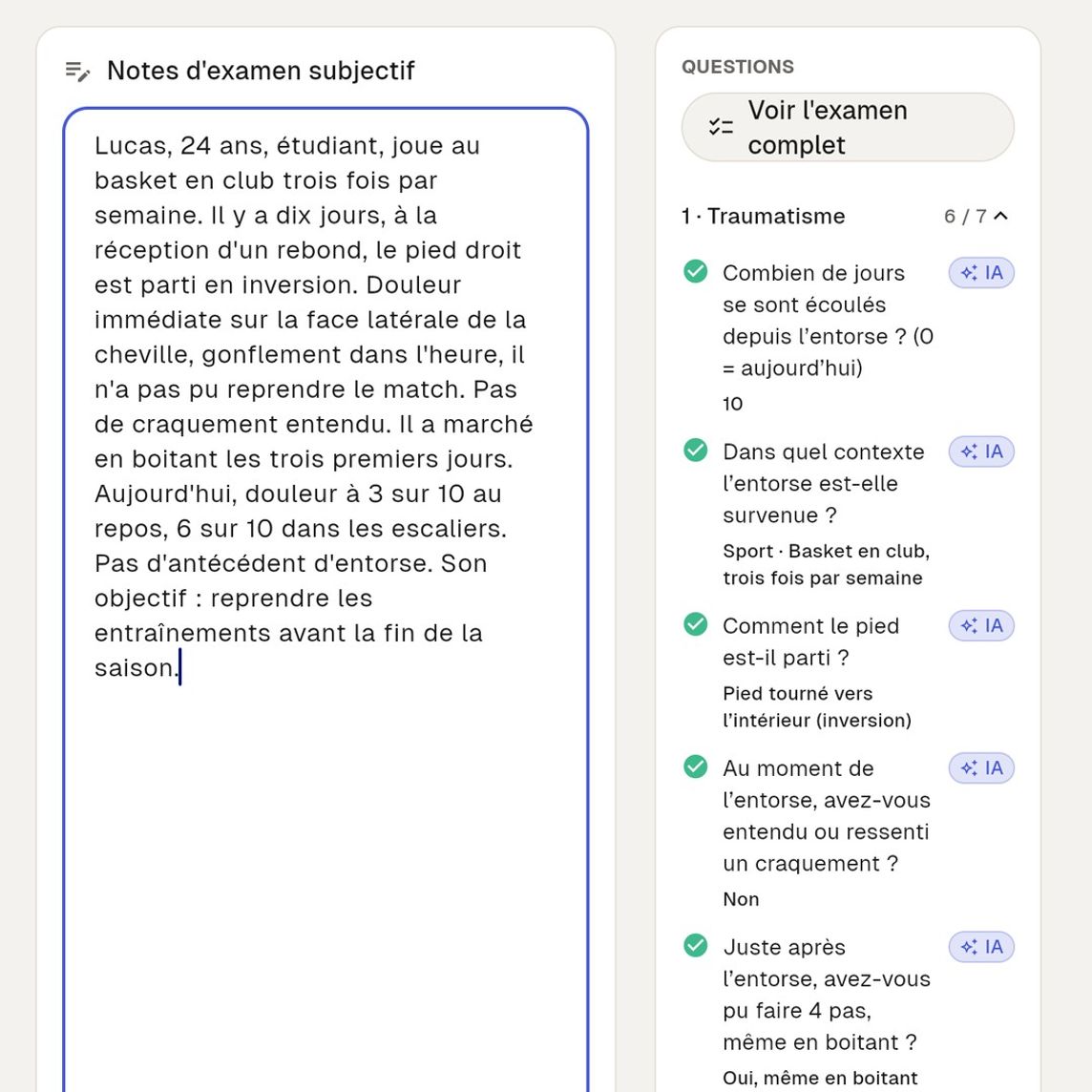 À partir des notes dictées, l'IA préremplit les questions du bilan