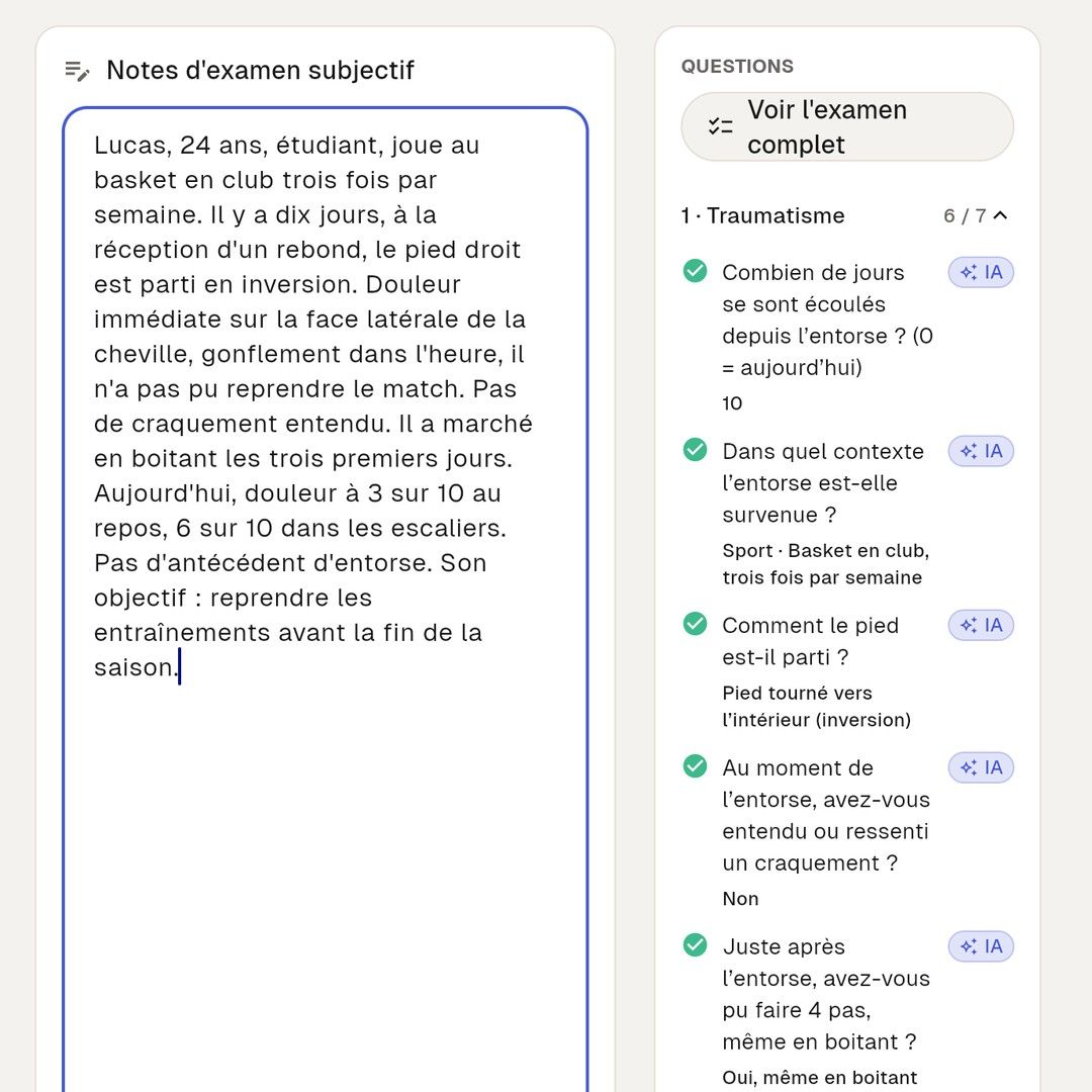À partir des notes dictées, l'IA préremplit les questions du bilan