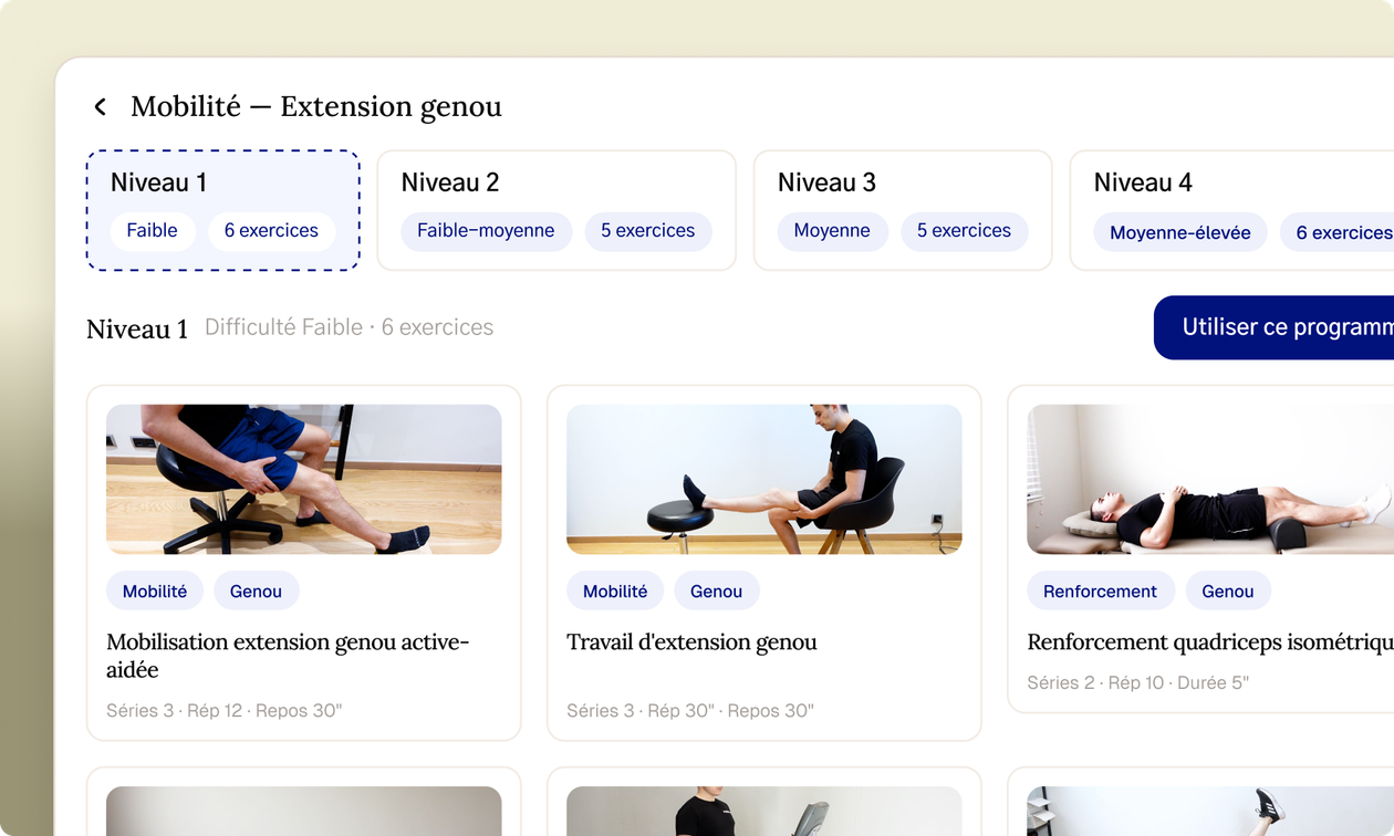 Écran de prescription d'exercices dans l'application Fullphysio