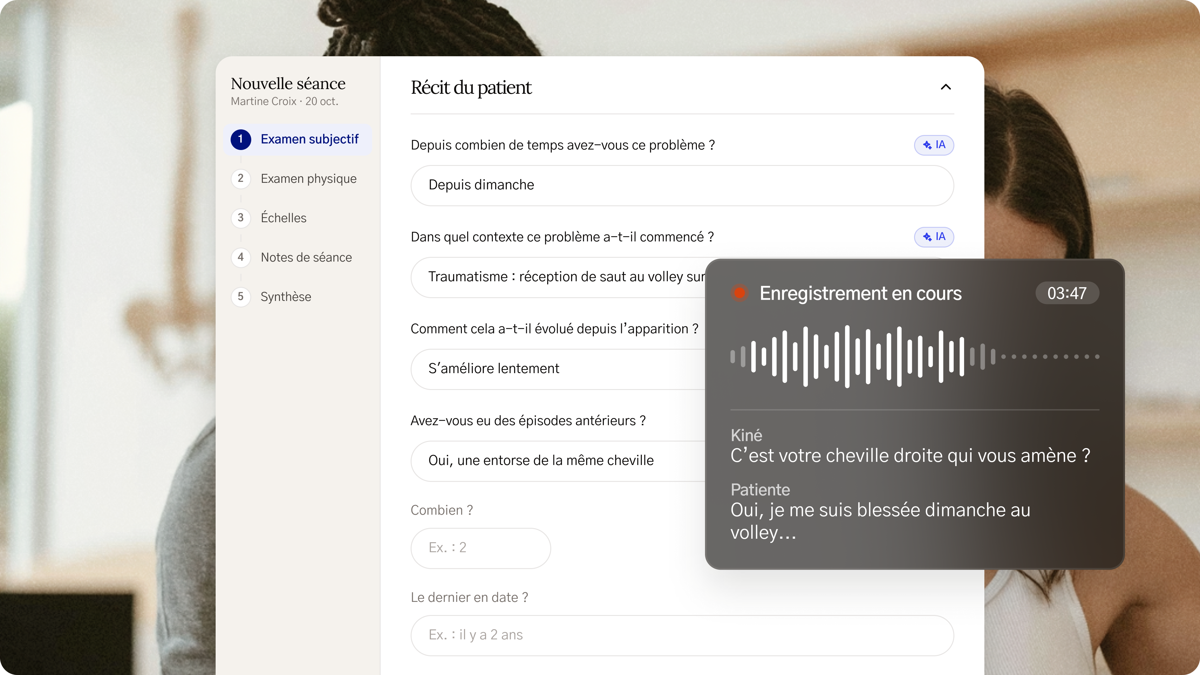 Écran de création de bilan dans l'application Fullphysio