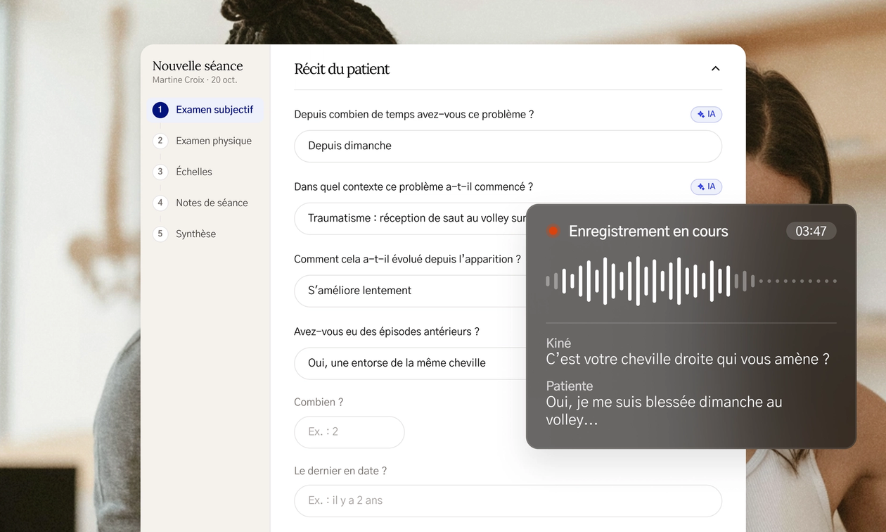 Écran de création de bilan dans l'application Fullphysio