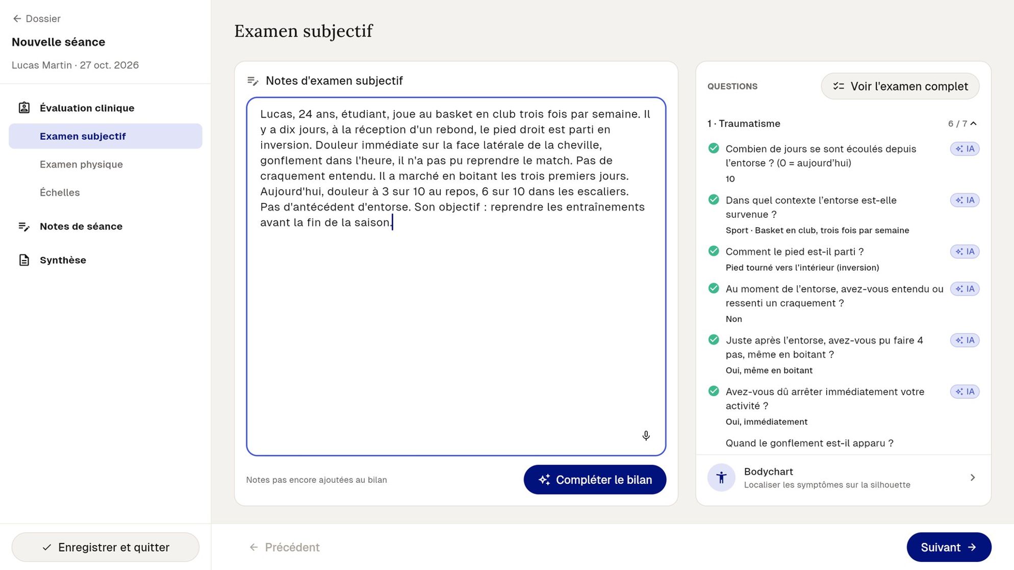 Le bilan Fullphysio : les notes dictées de l'examen subjectif, et les réponses préremplies par l'IA