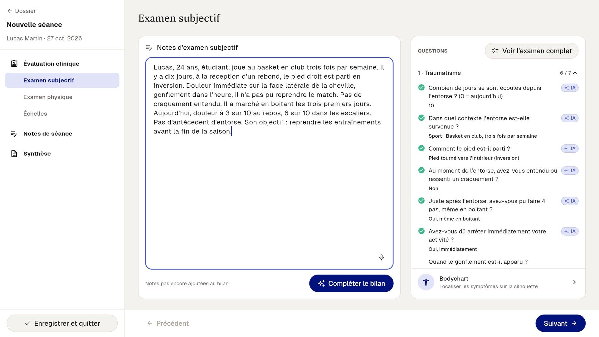 Le bilan Fullphysio : les notes dictées de l'examen subjectif, et les réponses préremplies par l'IA