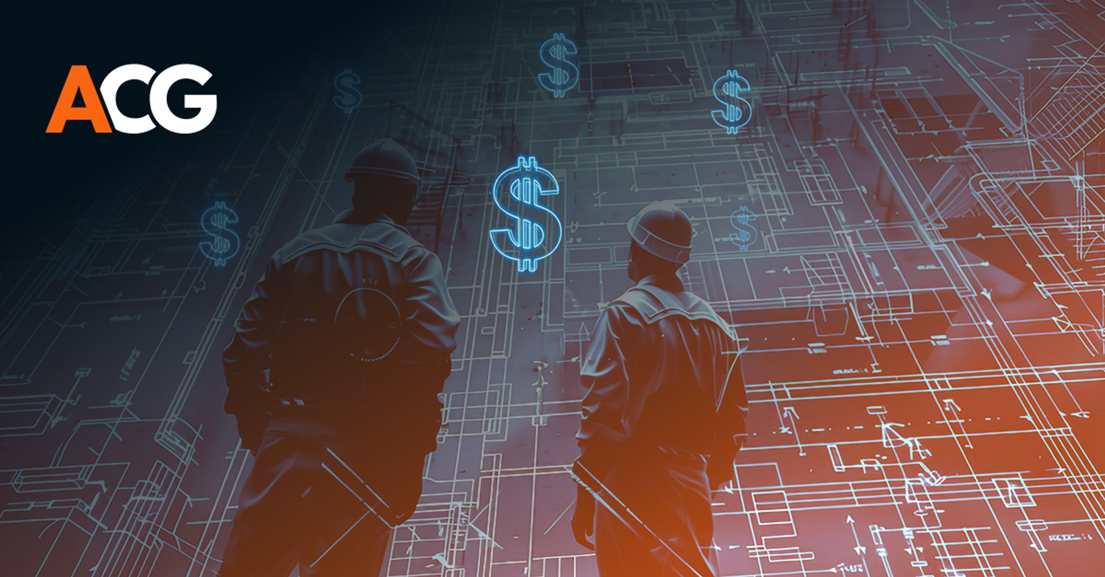 Conceptual image of construction workers and engineers looking up at a blueprint and dollar signs
