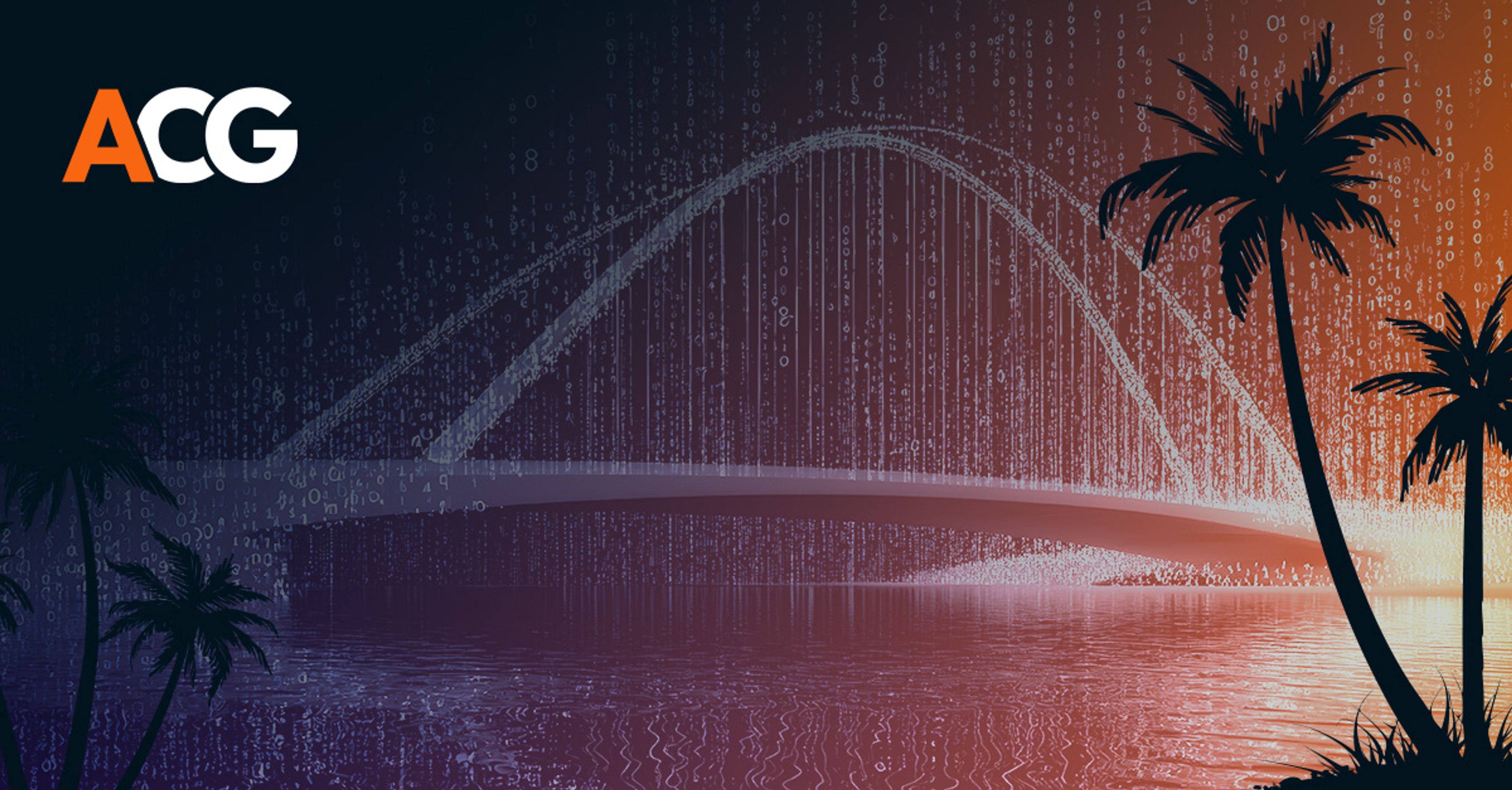 A conceptual image of a bridge made out of binary code with palm trees in the foreground