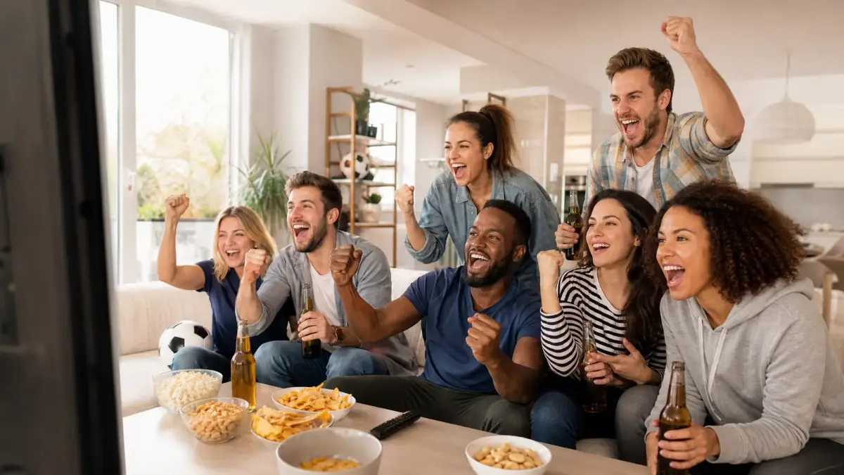Excited group of friends cheering together during a FIFA watch party page event, watching the World Cup live with snacks and drinks in a lively living room setting.