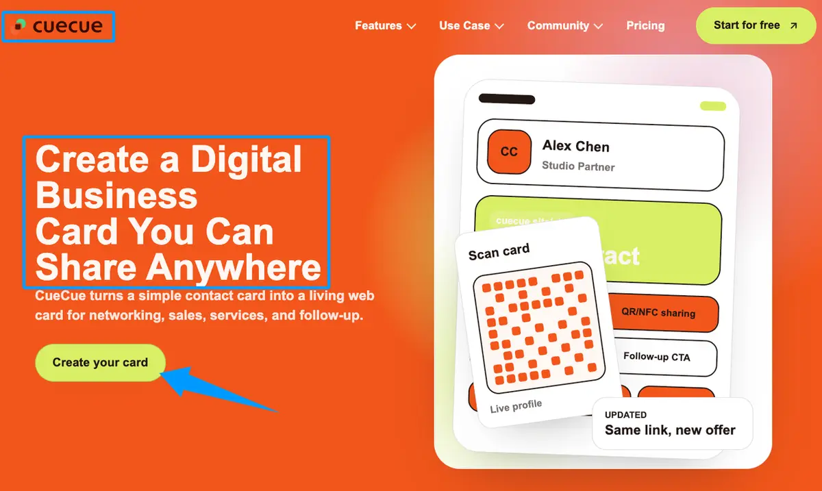 CueCue digital business card creator useful for sharing short new real estate agent bio samples.