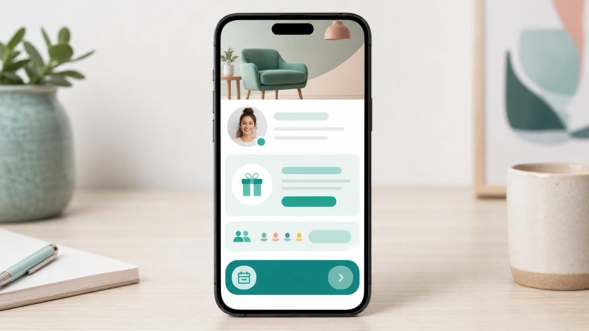 Mobile web card with sections for profile, offer, RSVP, and booking actions