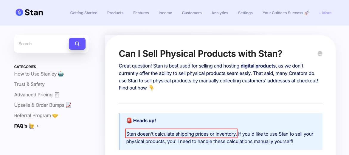 Stan support page about selling physical products, used to contrast features in Stan Store vs Shopify reviews.
