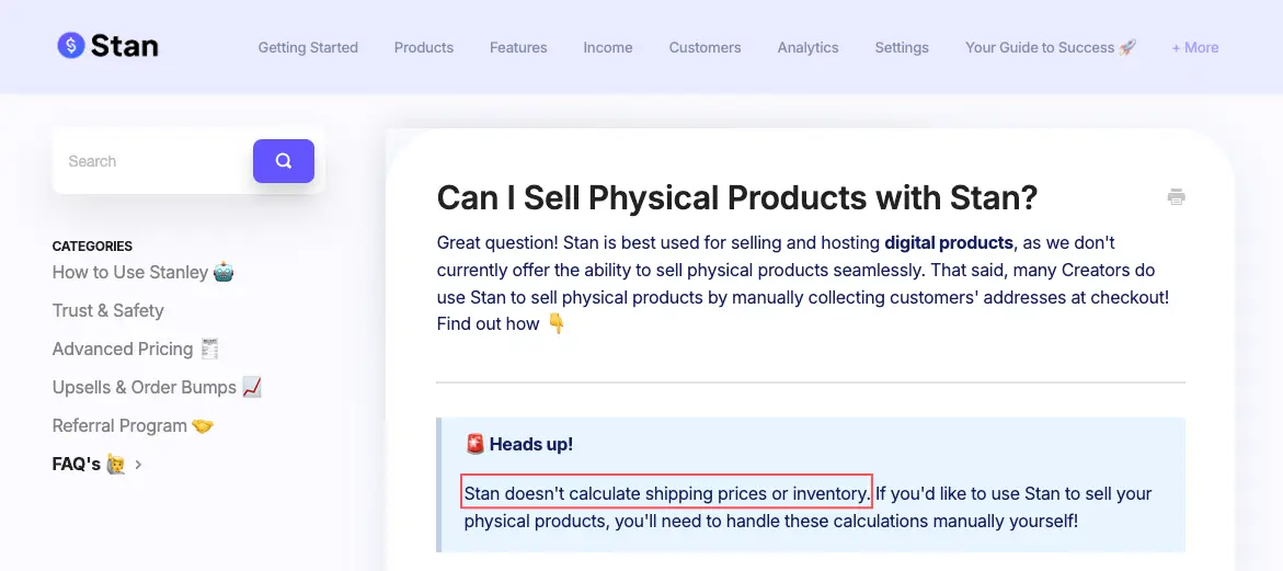 Stan support page about selling physical products, used to contrast features in Stan Store vs Shopify reviews.