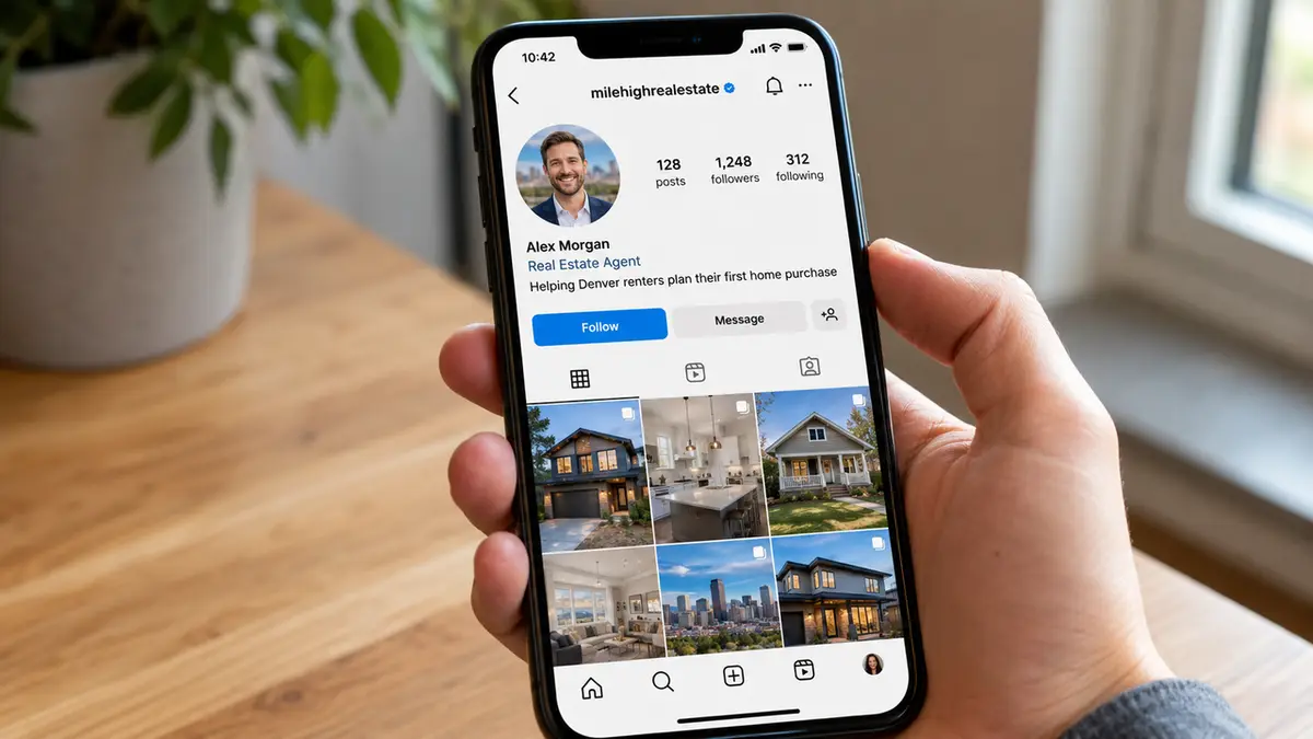 A smartphone displaying short new real estate agent bio samples on an Instagram profile page.