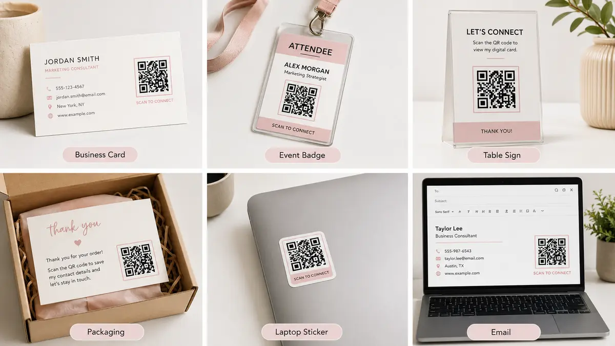 A mosaic showing six ways to use a digital business card QR code across physical and digital media.