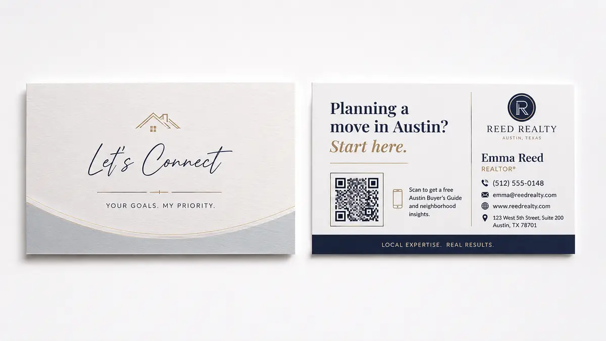 Elegant white and navy design showing real estate sayings for business cards like Let's Connect for local agents.