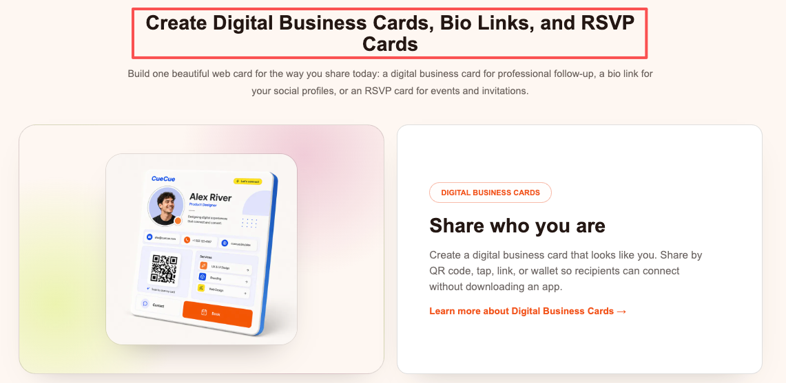 Interface for creating digital business and bio link cards to seamlessly connect your video campaign page.