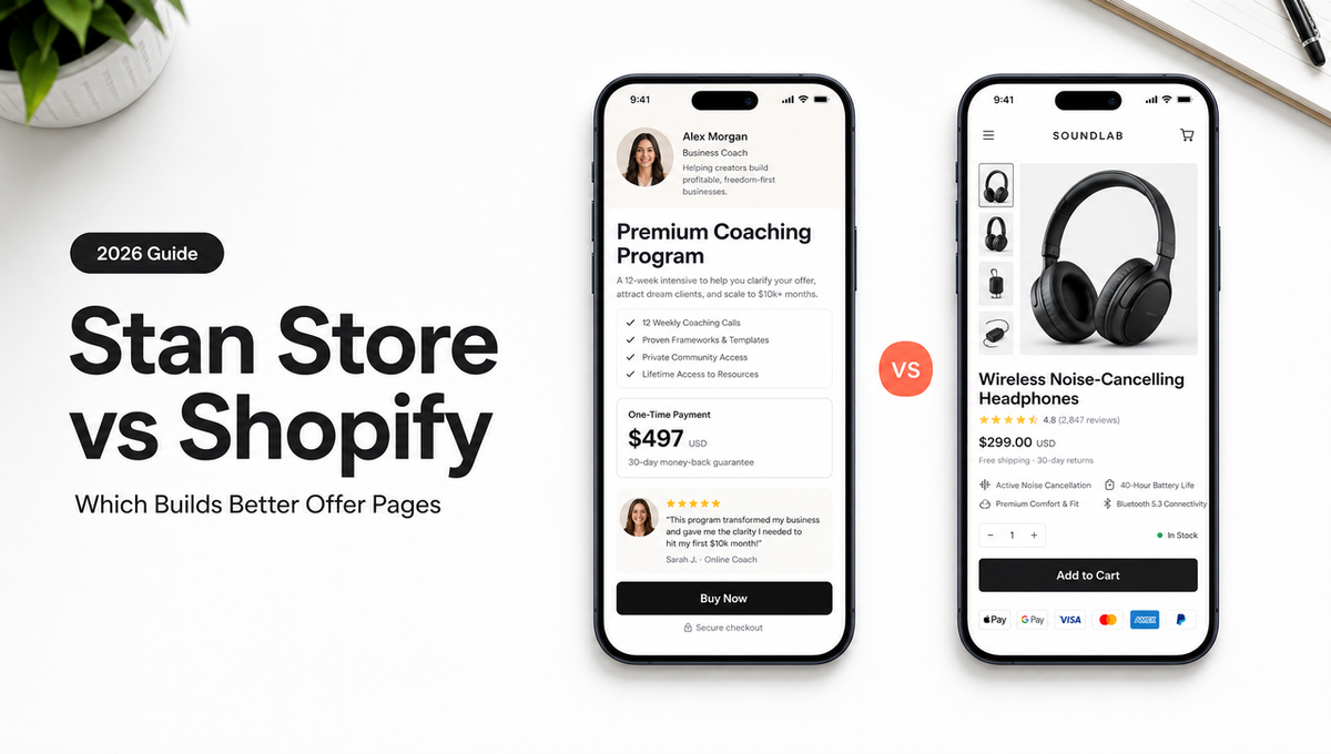 Stan Store vs Shopify comparison showing mobile offer pages for a coaching program and a product store.