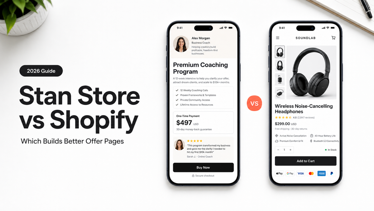 Stan Store vs Shopify comparison showing mobile offer pages for a coaching program and a product store.