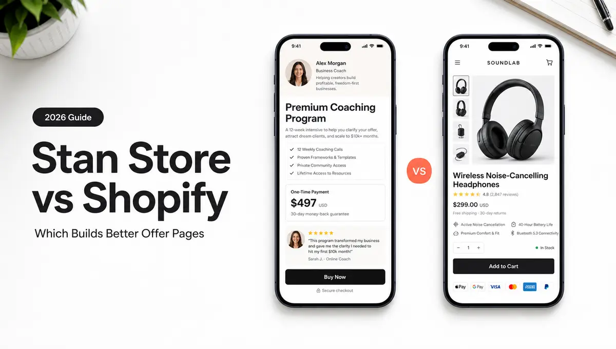 Stan Store vs Shopify comparison showing mobile offer pages for a coaching program and a product store.
