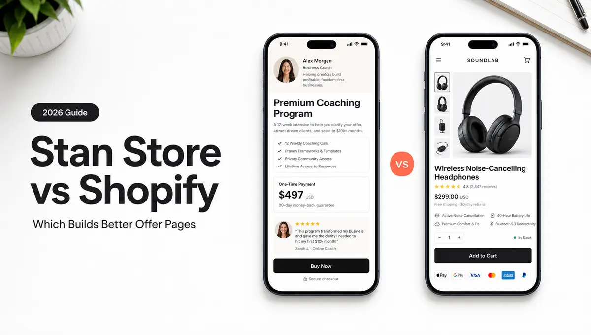 Stan Store vs Shopify comparison showing mobile offer pages for a coaching program and a product store.