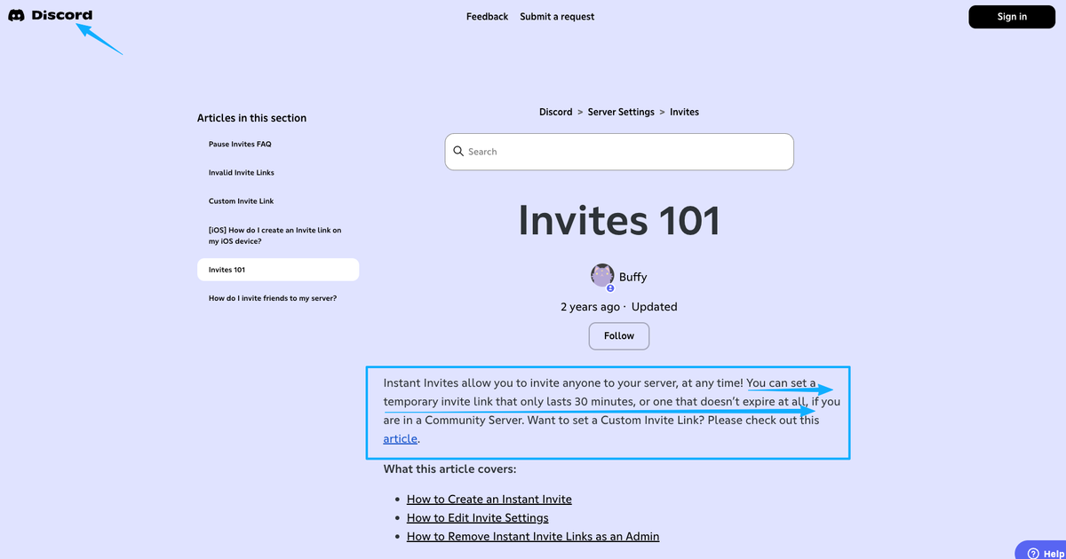 Discord help article explaining server invites to share your retroachievements profile with online communities.