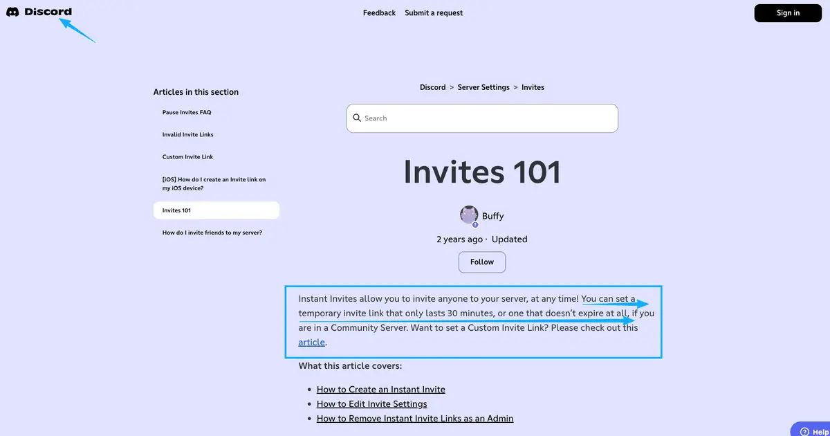 Discord help article explaining server invites to share your retroachievements profile with online communities.