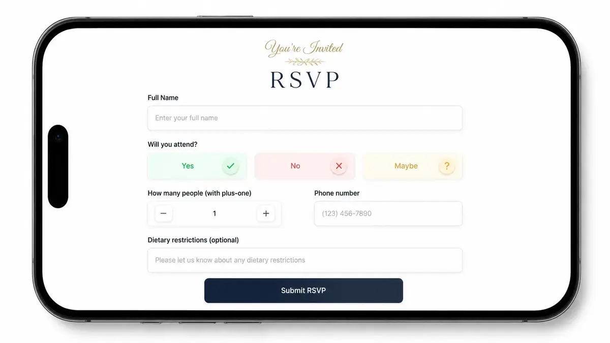 A modern event rsvp form displayed on a smartphone screen, featuring sections for attendance, plus-ones, and dietary needs.