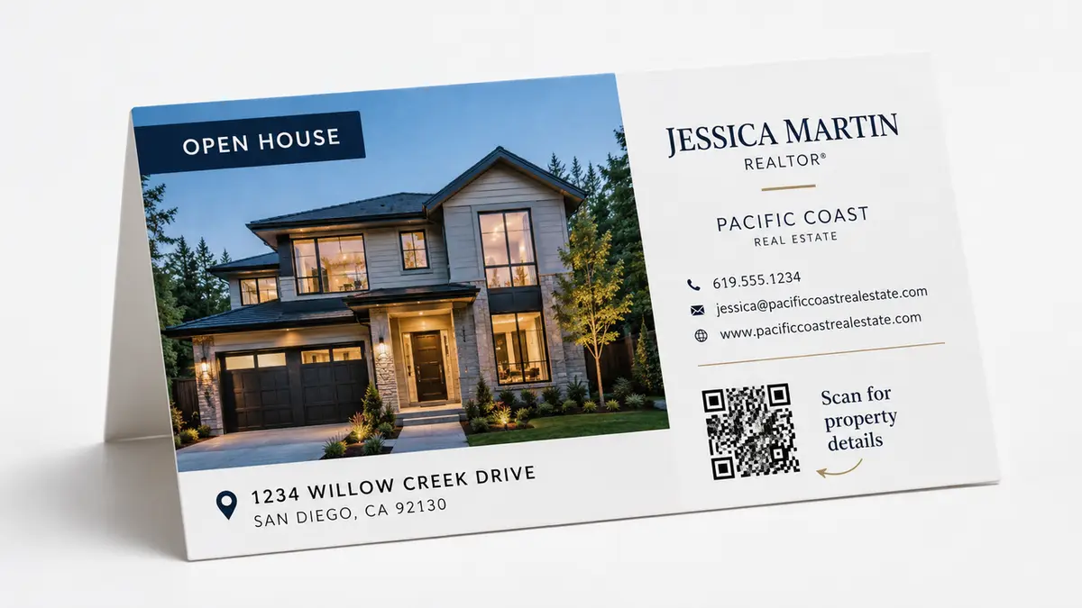 High-quality layout of Creative Real Estate Business Cards That Convert, highlighting an open house invitation and realtor contact details.
