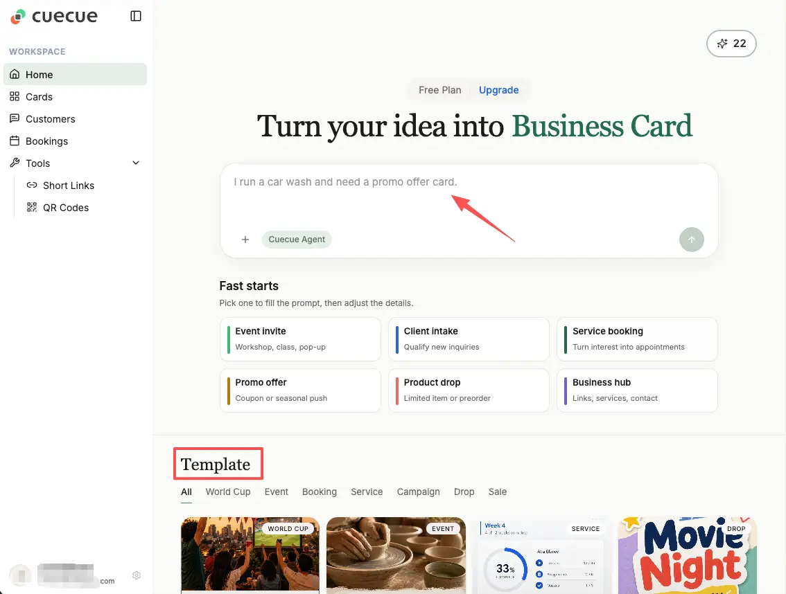 A screenshot of a design platform showing a prompt input box and a collection of business-related page templates.
