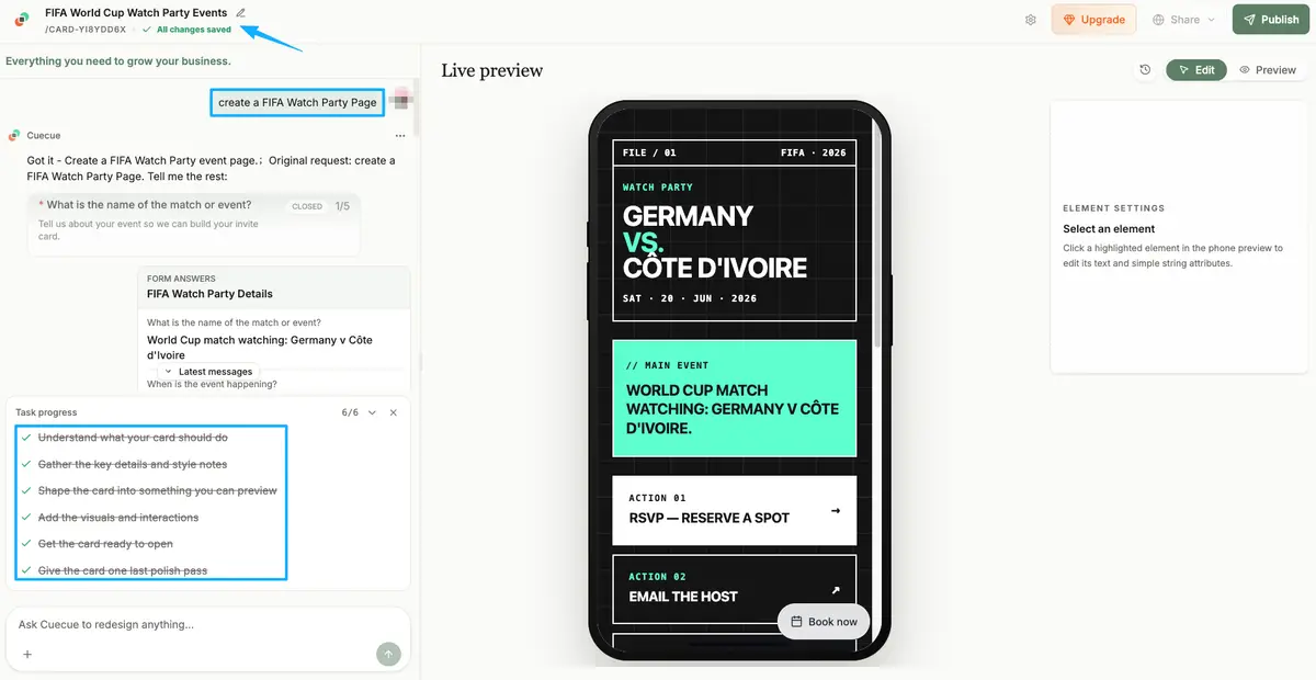 Live preview of a modern FIFA watch party page being built on Cuecue platform for Germany vs Côte d'Ivoire World Cup match, featuring RSVP and event details.
