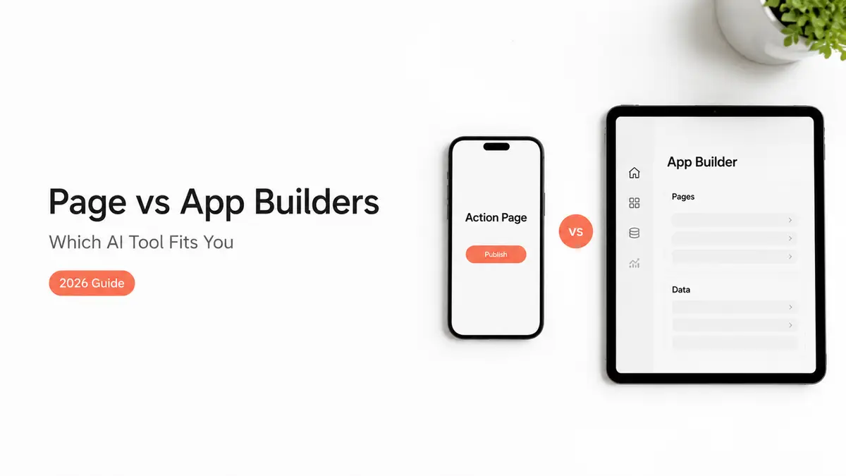A visual guide contrasting an AI action page interface (on a phone) and an app builder (on a tablet) for rapid creation.