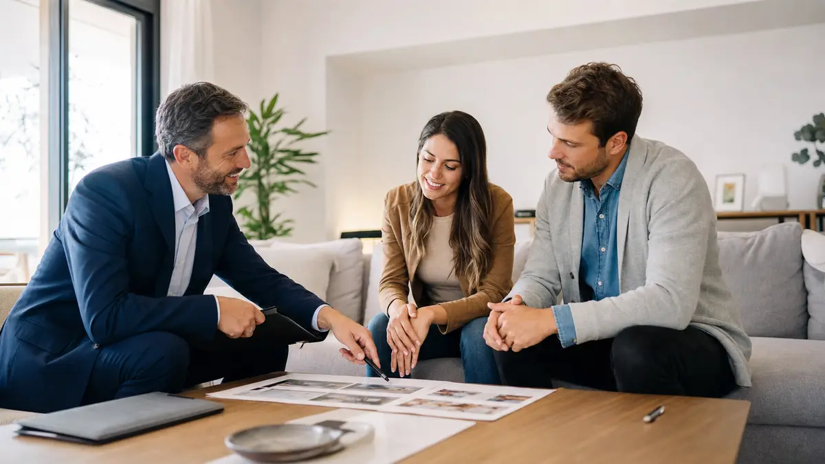 Real estate agent meeting with a couple on a couch, perfect visual content for realtor bio examples.