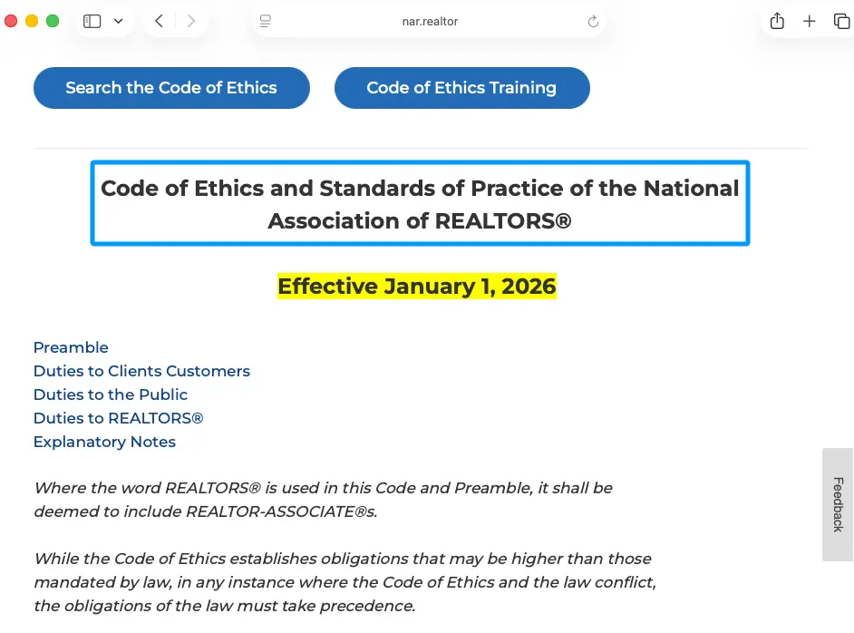 The official 2026 Code of Ethics and Standards of Practice for the National Association of REALTORS, displayed on a clean website interface.