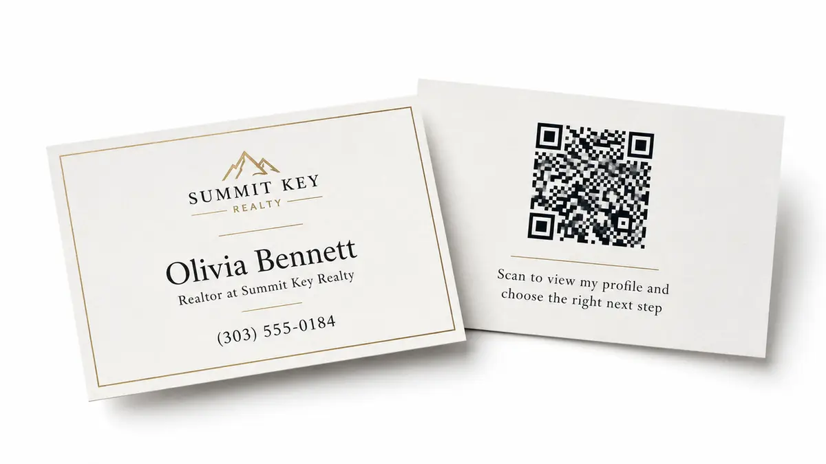 Elegant realtor business card ideas featuring minimalist designs, gold accents, and a custom QR code on the back.