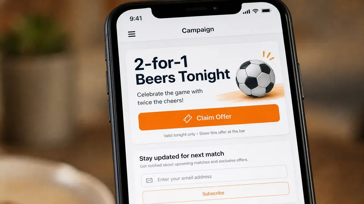 A smartphone displays a mobile-friendly FIFA 2026 campaign page featuring a special 2-for-1 beer offer for soccer fans.
