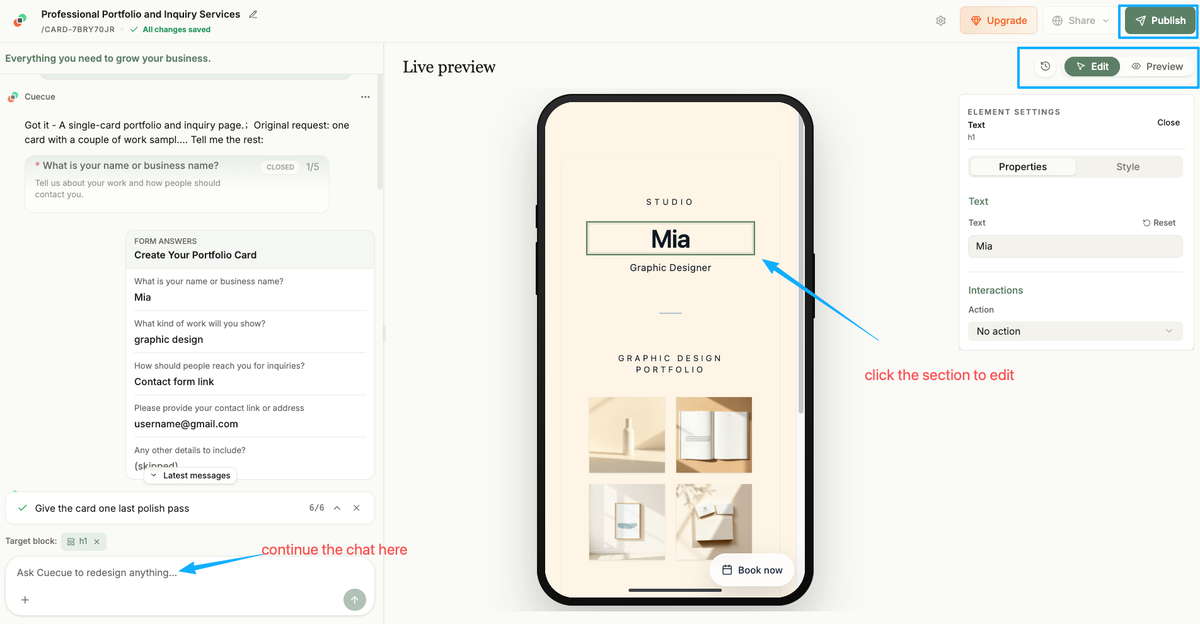 Using an AI builder for a portfolio and contact page, showcasing modern design options among typeform alternatives.