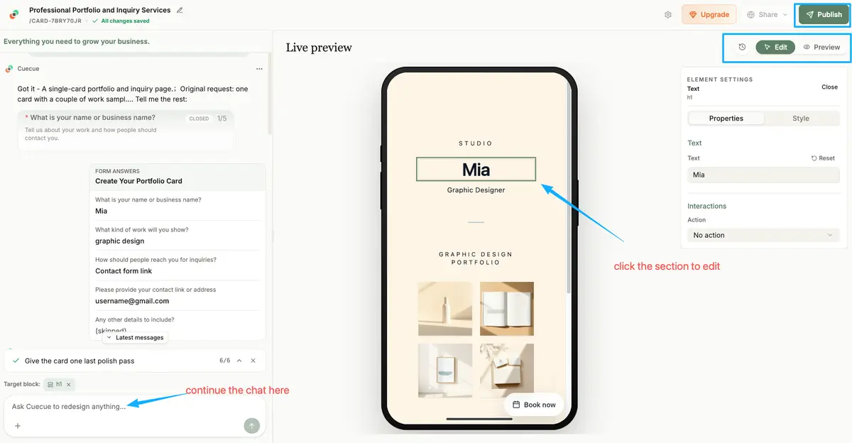 Using an AI builder for a portfolio and contact page, showcasing modern design options among typeform alternatives.