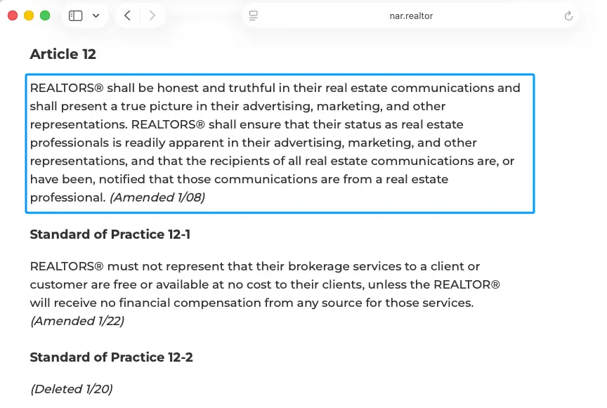 NAR Code of Ethics Article 12 guidelines to follow for short new real estate agent bio samples.