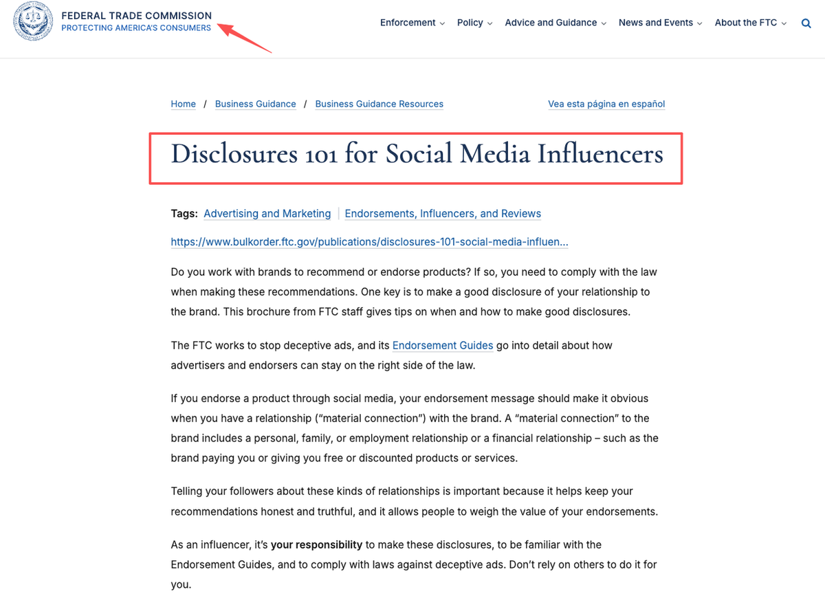 FTC disclosure guidelines document relevant to influencer product landing page examples.
