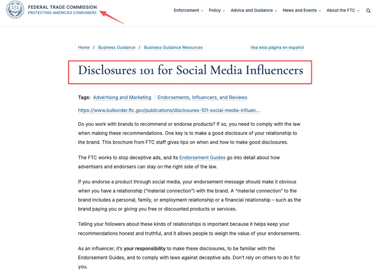 FTC disclosure guidelines document relevant to influencer product landing page examples.