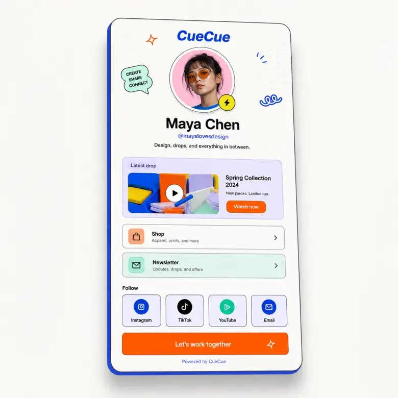 Clean modern Instagram bio for photographer and creator example using CueCue. Shows profile picture, bio description, latest drops, shop, newsletter, and social links in one beautiful page.