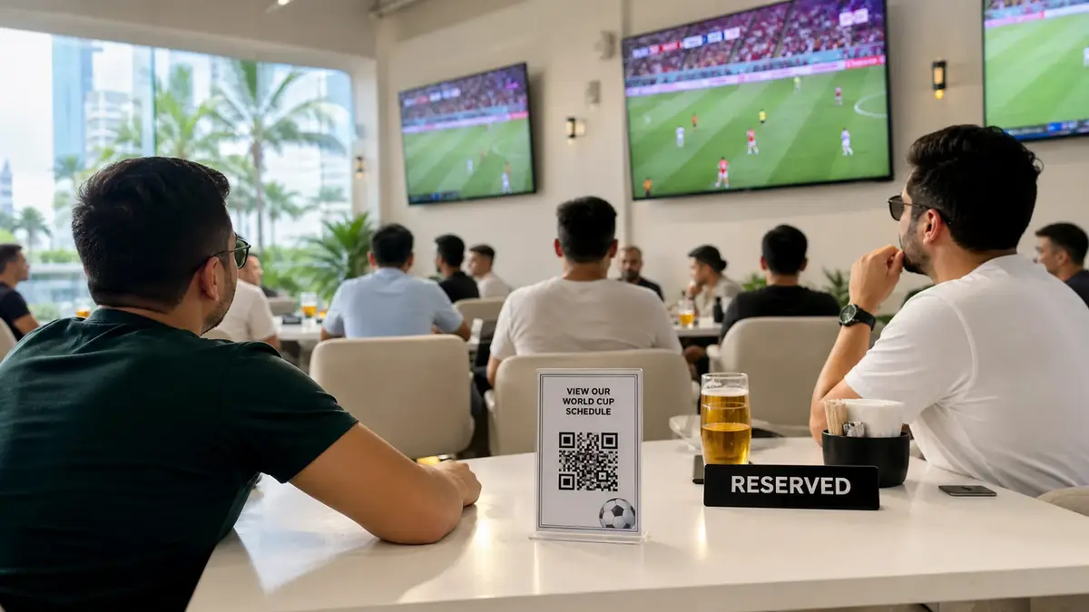 Fans watch football in a bar with a reserved table featuring a QR code world cup match schedule card for easy booking.