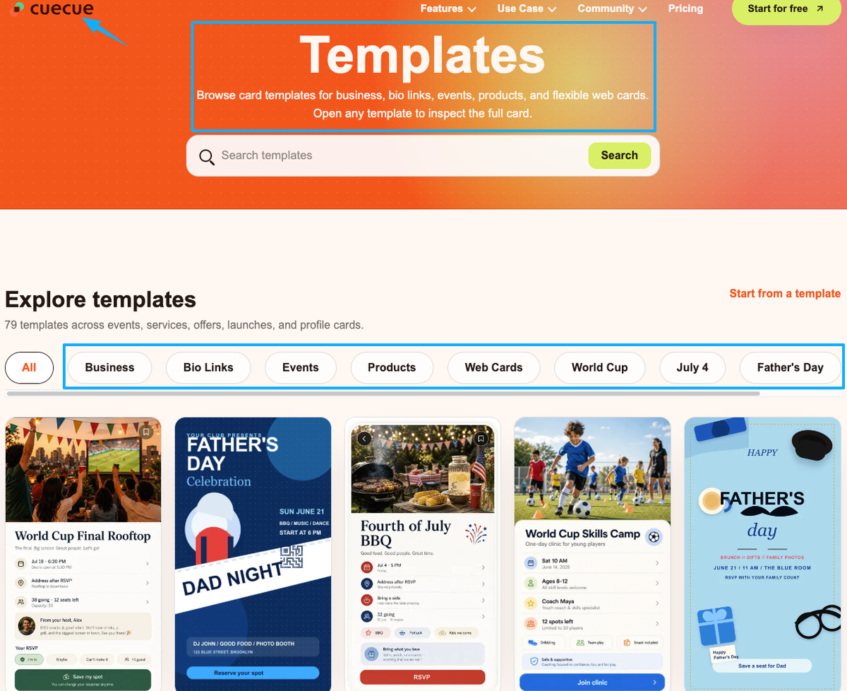 CueCue template gallery offering various customizable product landing page examples.