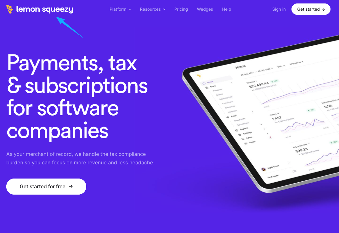 LemonSqueezy homepage highlighting payments, tax compliance, and subscriptions for software companies as a powerful Gumroad alternative with merchant of record service.