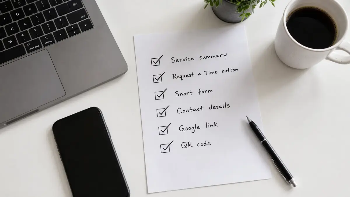 A physical checklist on a desk listing key elements for a successful booking page example.