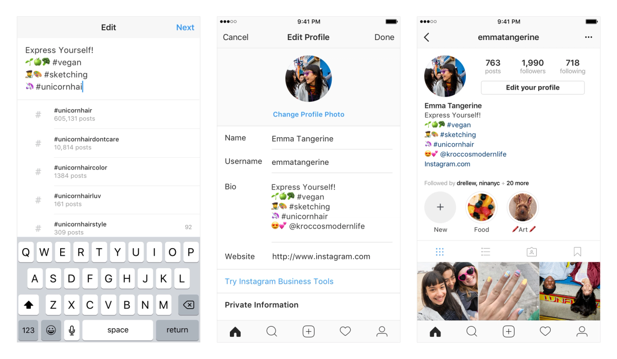 Step-by-step Instagram profile editing screenshots showing bio optimization with hashtags, profile photo, and link setup. Practical example for beginners learning how to become a UGC creator and attract brand opportunities.