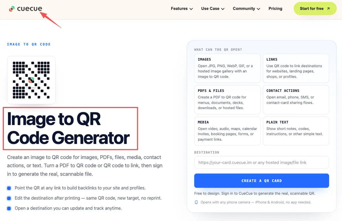 CueCue QR code generator tool used to create scan links for your digital trade show lead form template and media.